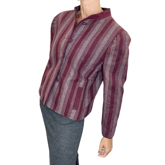 Vtg Made in England grey burgundy tweed herringbone striped cropped jacket 16 - Picture 3 of 14